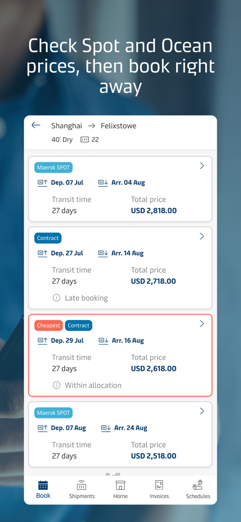 Maersk - 上海からフェリックストウへのコンテナ輸送に関する海上貨物のスポット運賃および契約運賃の一覧を表示するマースクモバイルアプリ