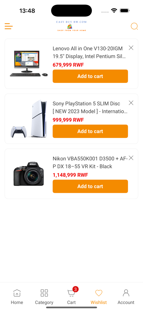 Easybuy Rw - Wishlist screen of the Easybuy Rw app displaying electronics like a PlayStation 5 and Nikon camera with prices in Rwandan Francs.