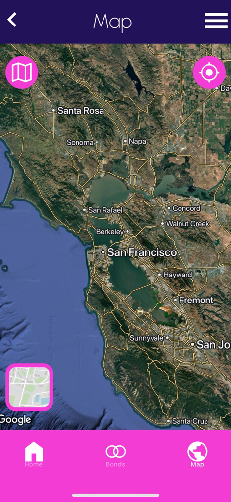 Satellite map showing San Francisco Bay Area on the Totem Compass navigation app interface.