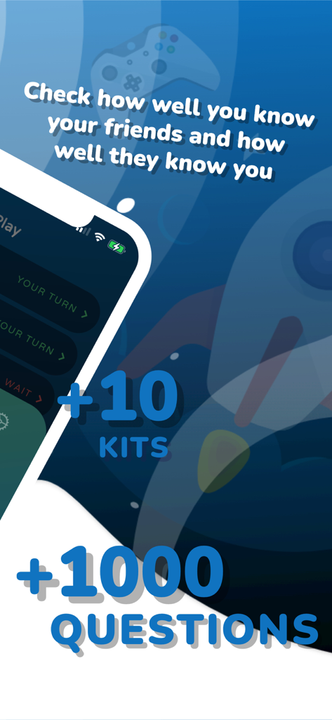 A social quiz app interface displaying over 1000 questions and 10 kits to test how well friends know each other.