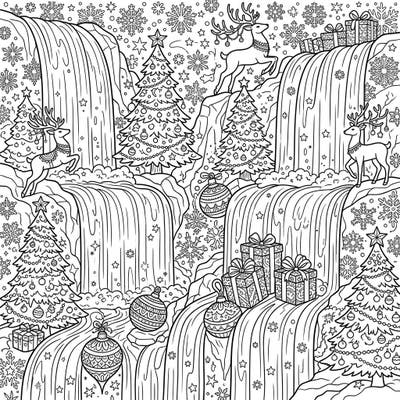 Immerse yourself in a magical winter wonderland with this unique Christmas waterfalls coloring page. Discover a delightful scene brimming with holiday cheer, from decorated trees to playful reindeer, perfect for festive relaxation.