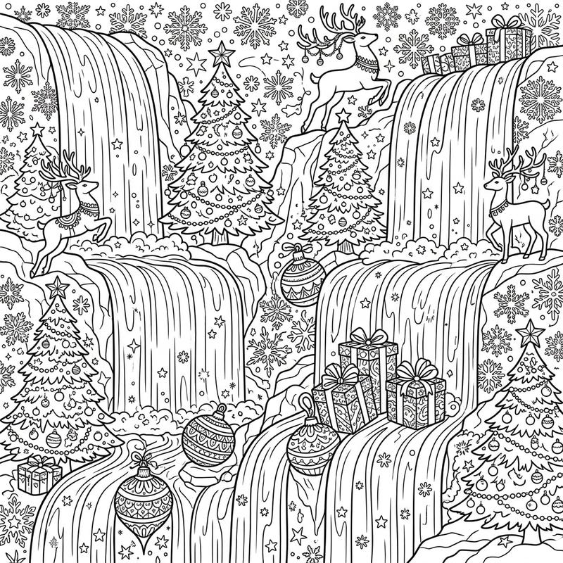 Immerse yourself in a magical winter wonderland with this unique Christmas waterfalls coloring page. Discover a delightful scene brimming with holiday cheer, from decorated trees to playful reindeer, perfect for festive relaxation.