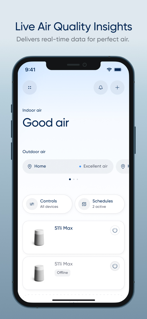 Blueair app dashboard showing indoor air quality status and smart device controls for air purifiers.