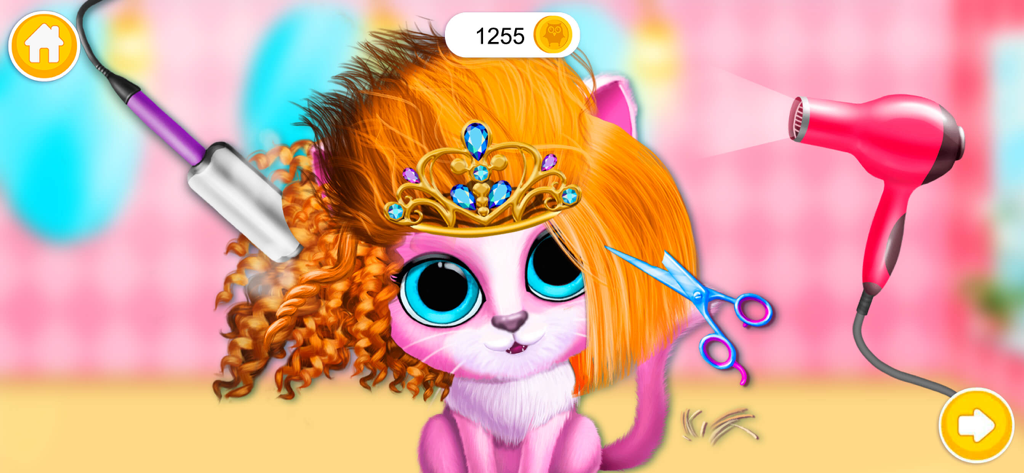 A gata Kiki usando uma tiara dourada enquanto é estilizada com modelador de cachos, tesoura e secador em um jogo de animal virtual.