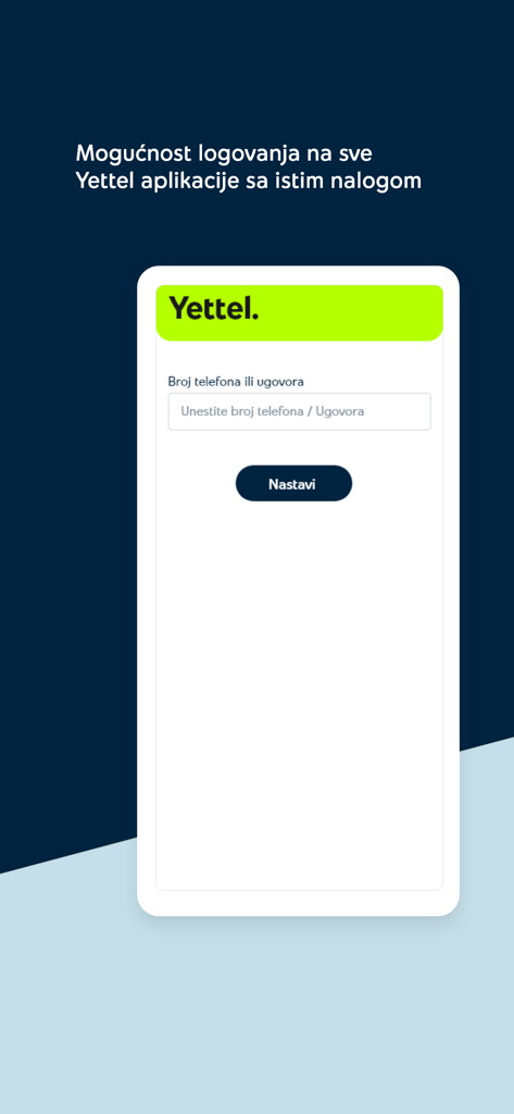 Login interface of the Yettel SRB mobile app for centralized account access