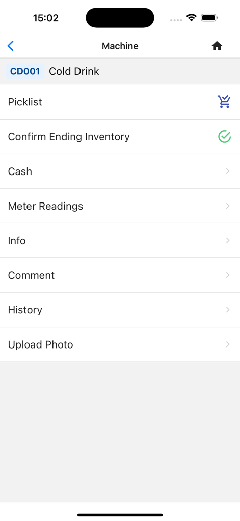 VendSoft: Vending Management - Interface of the VendSoft mobile app showing service options for a cold drink vending machine including inventory confirmation and cash collection