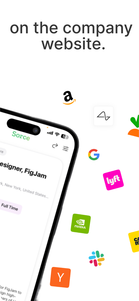 Amazon, Google, NVIDIA와 같은 주요 기술 기업 로고로 둘러싸인 Sorce 모바일 앱 인터페이스, 디자이너 직무 목록 표시