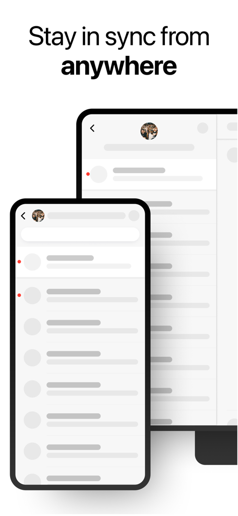 Scoop Messenger - Scoop Messenger mobile app interface displayed on two different device screens with the headline Stay in sync from anywhere