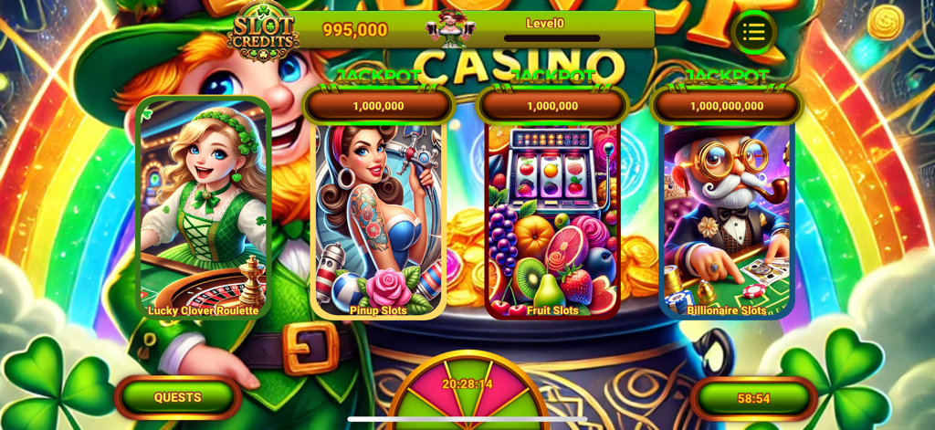Lucky Clover Casino - Menú principal de Lucky Clover Casino con varios juegos de tragaperras y ruleta con temática de duende irlandés