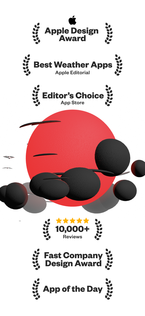 A list of awards for the Not Boring Weather app including Apple Design Award and Editor Choice with a minimalist sun and cloud illustration
