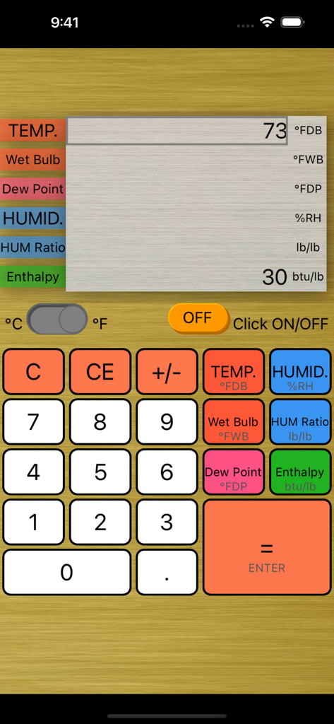 Calculator of Air - User interface of the Calculator of Air app featuring a psychrometric calculator for HVAC engineering