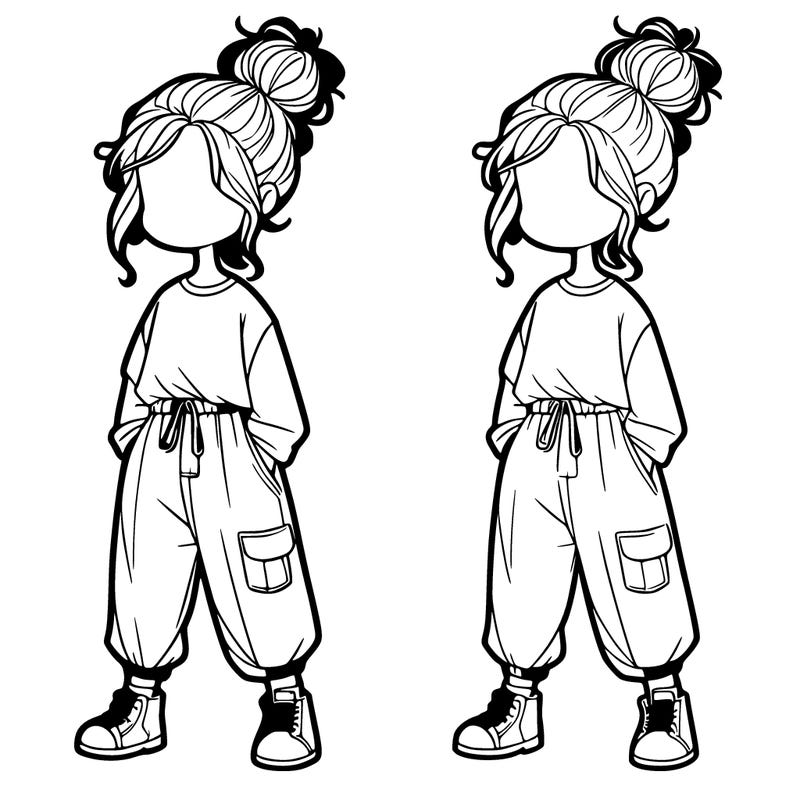 realistic girl with messy bun and baggy pants