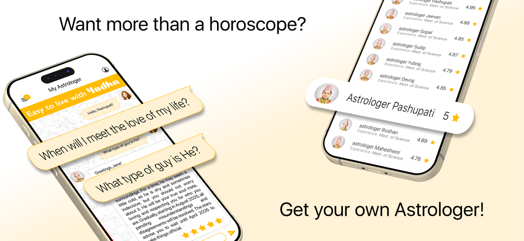 Horoscope + Astrology by Yodha - Interface of the Yodha astrology app showing a list of professional astrologers and a chat window with personalized love life questions