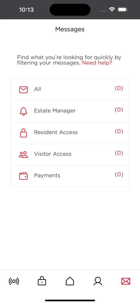 L'écran des messages de l'application Balwin montrant des catégories telles que le gestionnaire du domaine et l'accès des visiteurs.