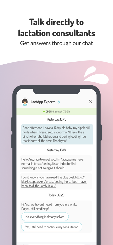 Chat interface in LactApp for direct support from lactation consultants
