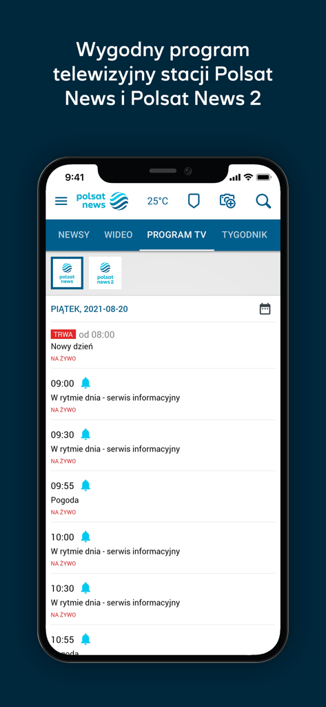 Polsat News - Smartphone screen showing the daily TV program schedule for Polsat News and Polsat News 2 stations in the Polish language mobile app.