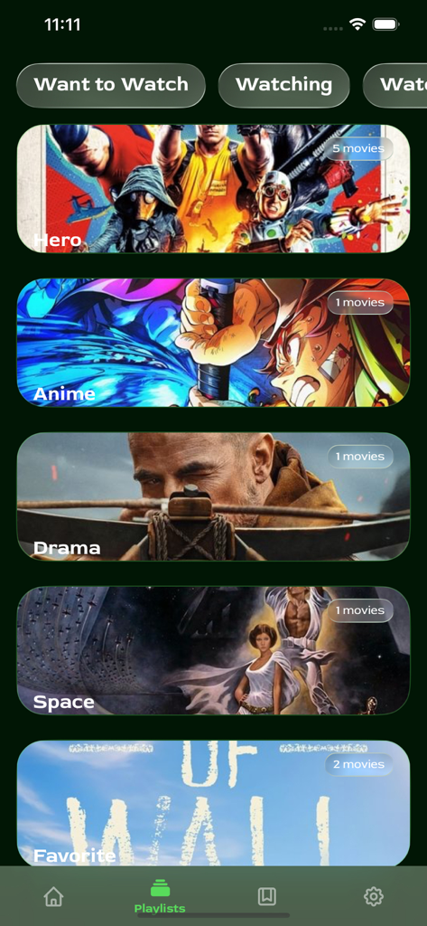 Tela do aplicativo OneTV mostrando playlists de filmes personalizadas, incluindo categorias como Anime de Herói e Drama