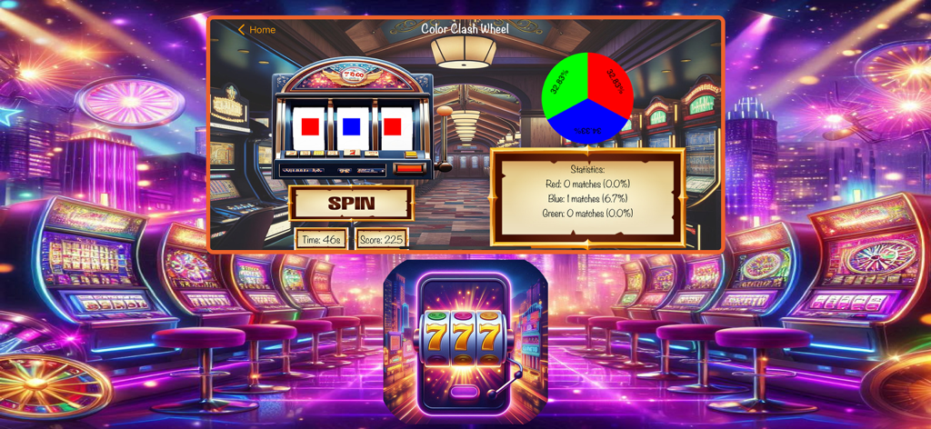 Interfaz del juego móvil Ember Slots Ignition mostrando una rueda de emparejamiento de colores y rodillos de máquinas tragaperras.