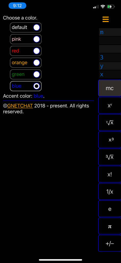 Color selection menu in My RPN Calculator showing various accent theme options