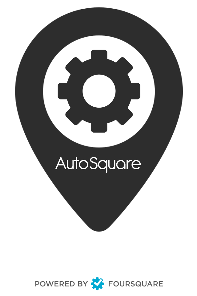 AutoSquare - The Foursquare automator - AutoSquare app logo featuring a gear icon inside a location pin and Powered by Foursquare text