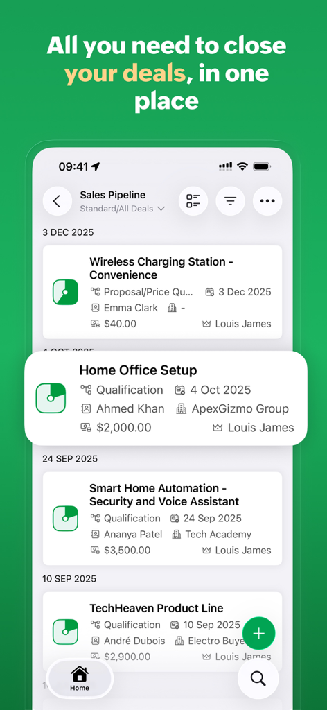 Bigin by Zoho CRM - Une interface mobile de Bigin CRM montrant un pipeline de vente avec des cartes d'affaires organisées pour les projets de bureau à domicile et d'automatisation