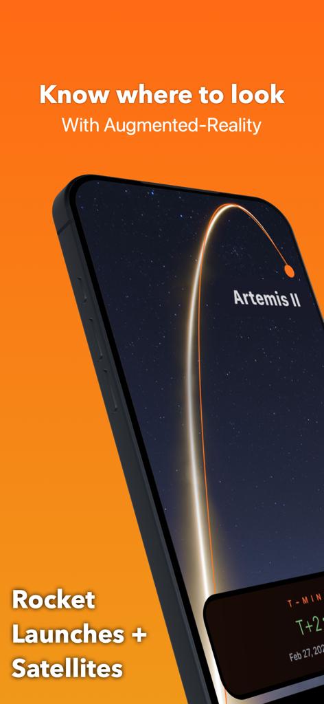 Flyby — ISS & Launch Tracker - Flyby app's augmented reality tool showing the tracking arc for the Artemis II rocket launch in the night sky