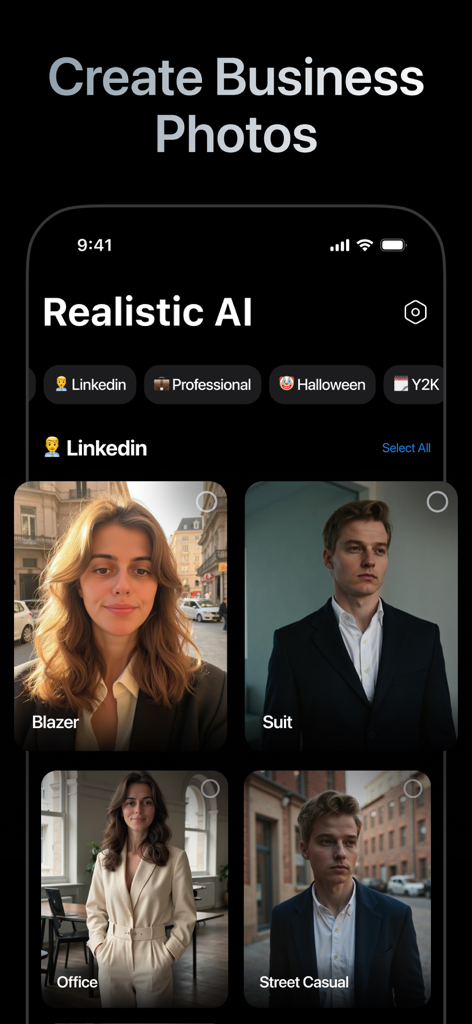 プロフェッショナルなビジネスポートレートとLinkedInプロファイル写真のオプションを表示するAIヘッドショットジェネレーターアプリのインターフェイス