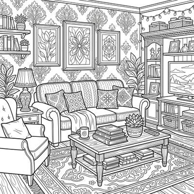 Step into a beautifully furnished living room with this intricate coloring template. Discover endless details in the sofa, armchairs, coffee table, and decor, ready for your creative touch.