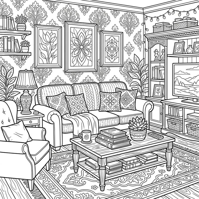 Step into a beautifully furnished living room with this intricate coloring template. Discover endless details in the sofa, armchairs, coffee table, and decor, ready for your creative touch.