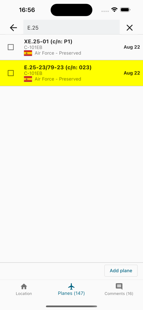 A list of preserved aircraft in the Wrecks and Relics app for aviation spotters.