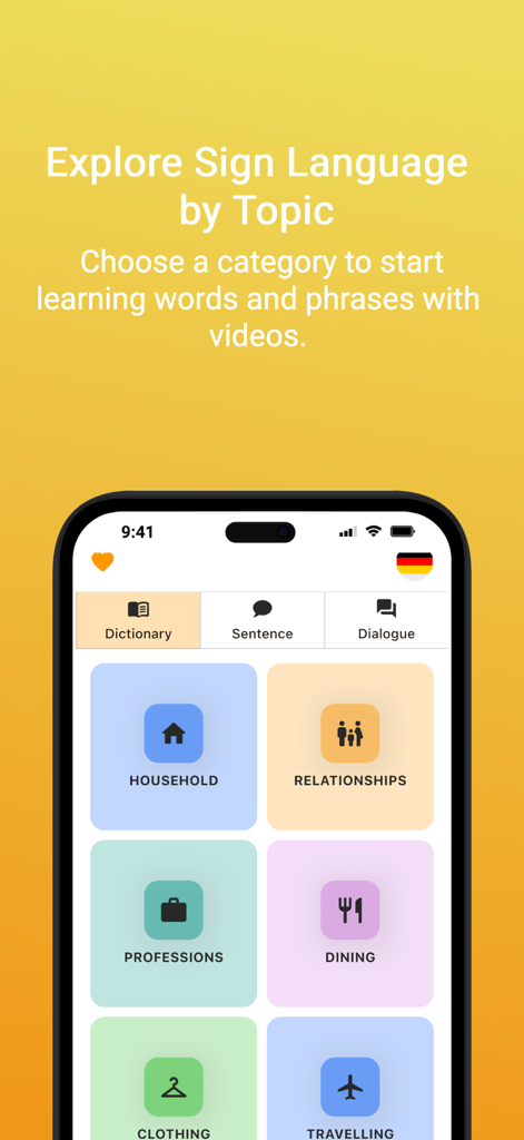 Interface do aplicativo Spreadthesign mostrando tópicos de aprendizado de língua de sinais, incluindo casa e relacionamentos