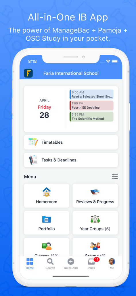 ManageBac mobile app dashboard showing a student schedule, deadlines, and educational menu.