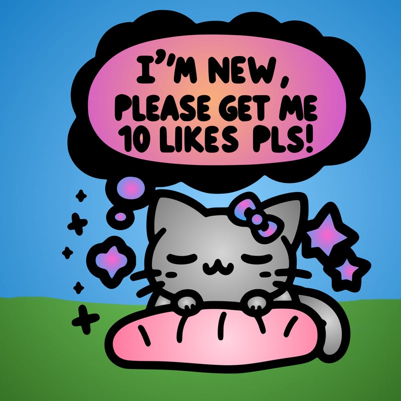 kitty taking a nap dream talking and saying "i'm new, please get me at least 10 likes pls!!"