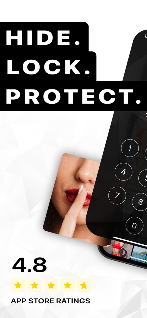 LockMyPix Secret Photo Vault - LockMyPix Secret Photo Vault promotional screen with a 4.8 star rating and PIN lock interface.