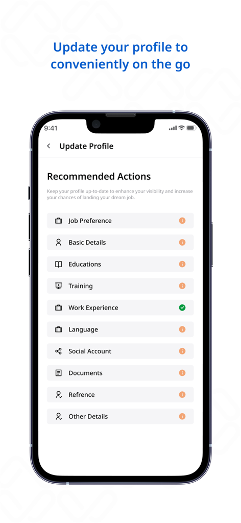 Merojob.com - Mobile interface of Merojob app showing profile update options and recommended actions for job seekers.