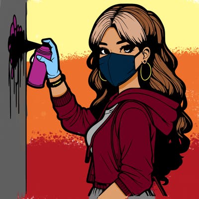 realistic girl with mask spray painting a wall