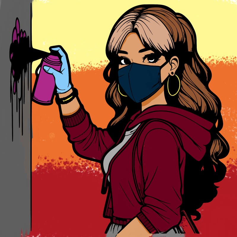 realistic girl with mask spray painting a wall