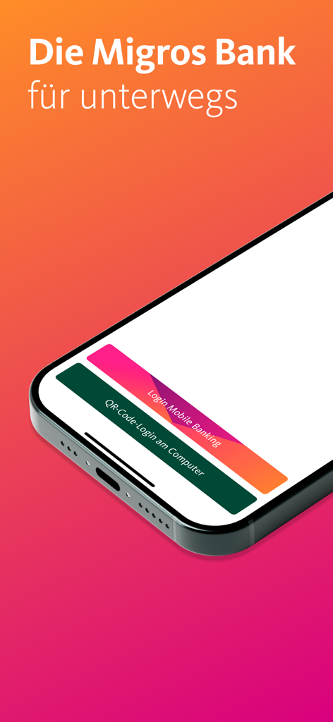 Migros Bank E-Banking - Pantalla de inicio de la aplicación Migros Bank E-Banking con botones de inicio de sesión móvil y código QR