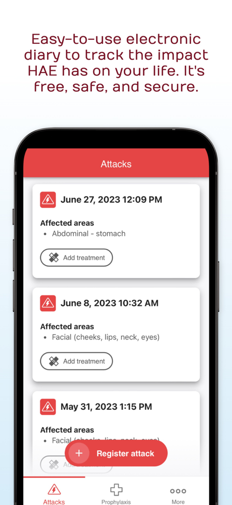 HAE TrackR app interface showing a list of past attacks with dates and a button to register a new attack.