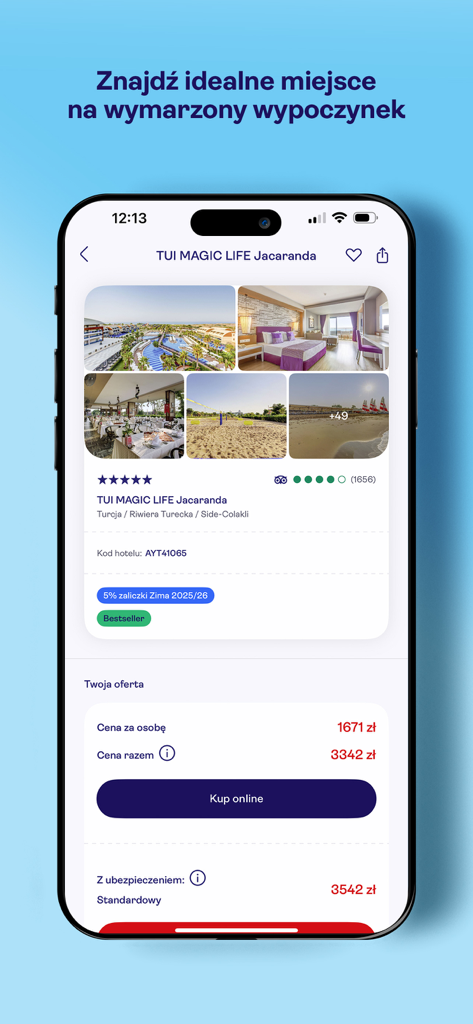 TUI (PL/CZ) - TUI app screen displaying hotel details, photos, and price for a vacation package