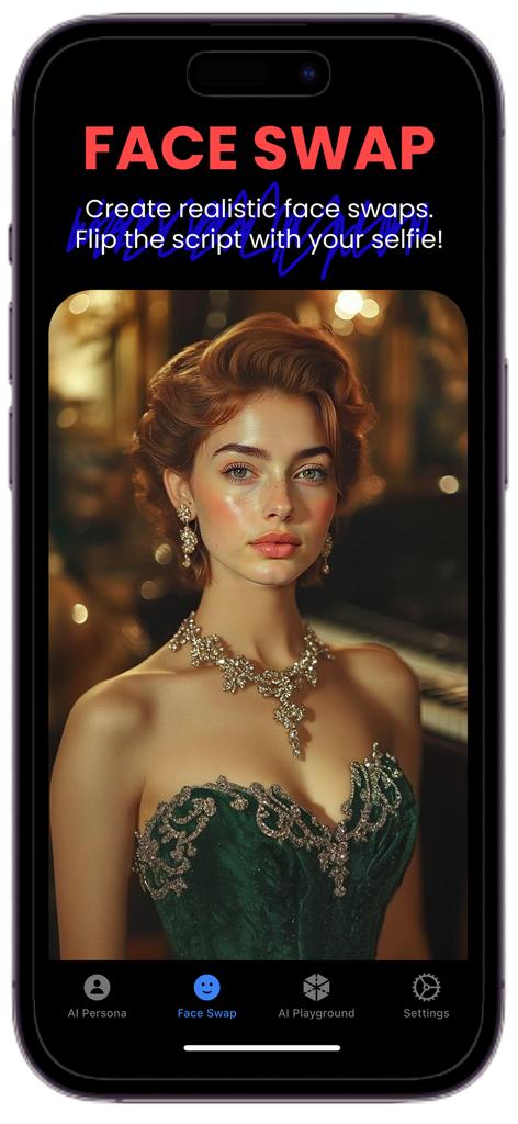 FakeMe: Face Swap AI Photo App - Cambio de rostro realista con IA de una mujer con un elegante vestido de gala usando la aplicación FakeMe.
