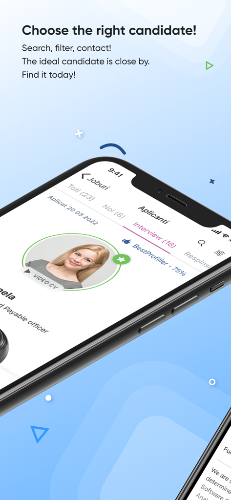 bestjobs - Interfaz de la aplicación Bestjobs para reclutadores que muestra perfiles de candidatos y opciones de CV en video