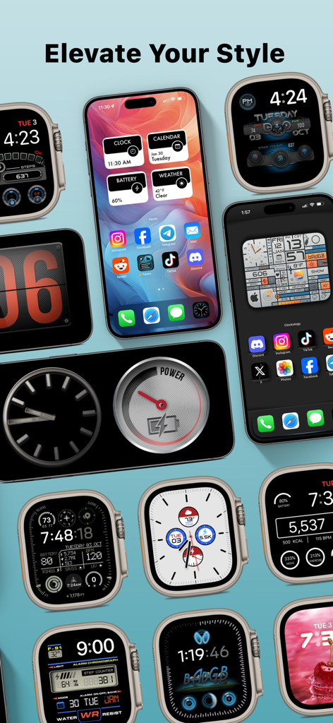 Custom Widgets by Clockology - A variety of custom Apple Watch faces and iPhone widgets showing different aesthetic styles and complications