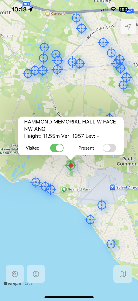 BenchmarksGB - Map view showing benchmark locations in Great Britain and a details popup for a specific mark.
