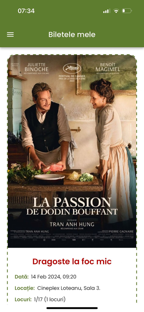 A digital movie ticket for La Passion de Dodin Bouffant displayed in the Cineplex mobile app showing date location and seat details