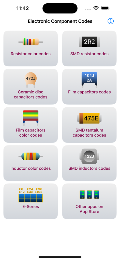 Electronic Component Codes - Interface principale de l'application Codes des composants électroniques avec des options pour les codes de résistances, condensateurs et inductances.