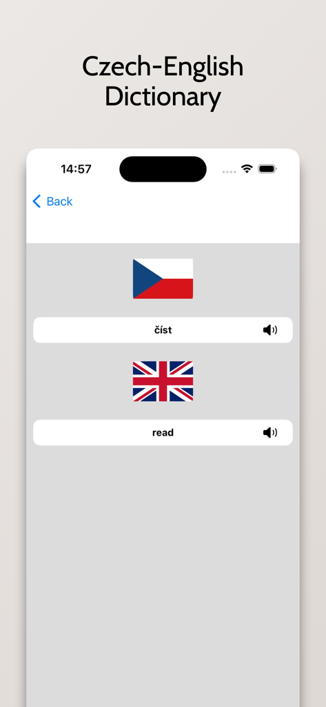 Interface mobile de l'application de dictionnaire tchèque-anglais montrant la traduction du mot 'číst' (lire) avec des boutons de prononciation audio