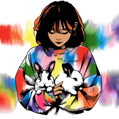 realistic girl with messy bunny baggy sweatshirt and holding bunnies