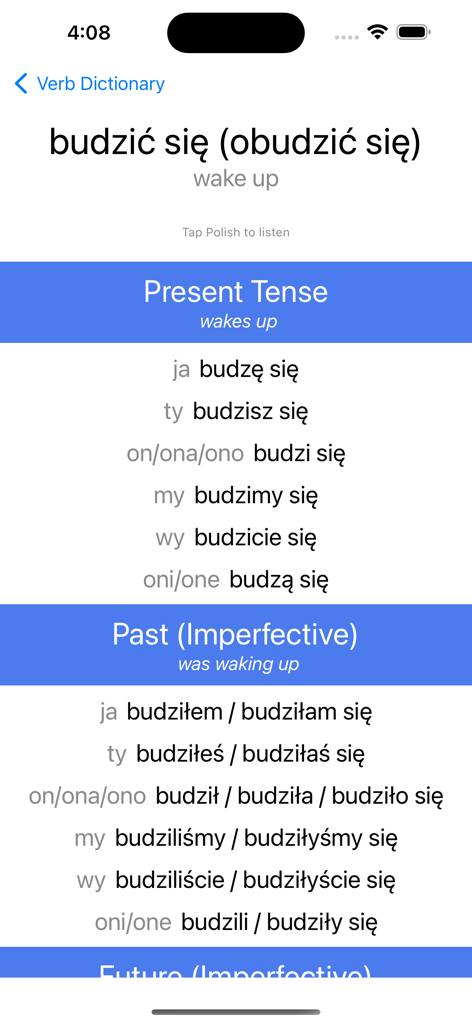 Conjugation table for the Polish verb budzic sie showing present and past tenses