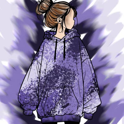 realistic girl with a oversized sweatshirt on and a bun